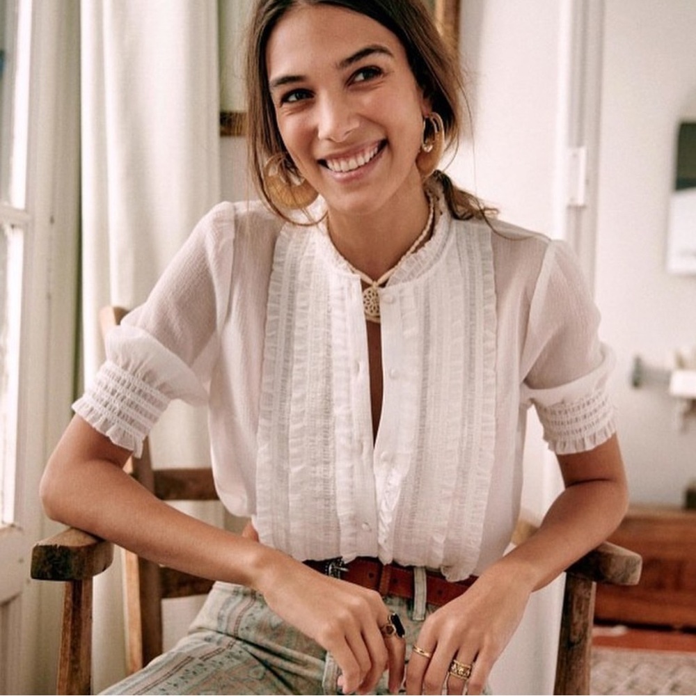 Sezane Short Sleeve Blouse, Sz 34/2 Ecru NWT